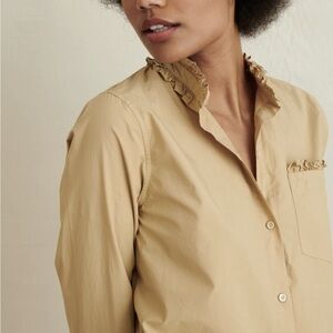 Alex Mill Easy Ruffle Button Up Shirt with Ruffle Collar in Khaki 100% cotton